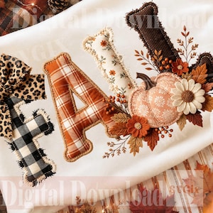 May include: A decorative fabric sign spelling the word FALL with frayed edges. The F features a black and white buffalo check pattern with a leopard print bow. The A is orange plaid, the L is floral, and the L is dark brown corduroy with a pumpkin.