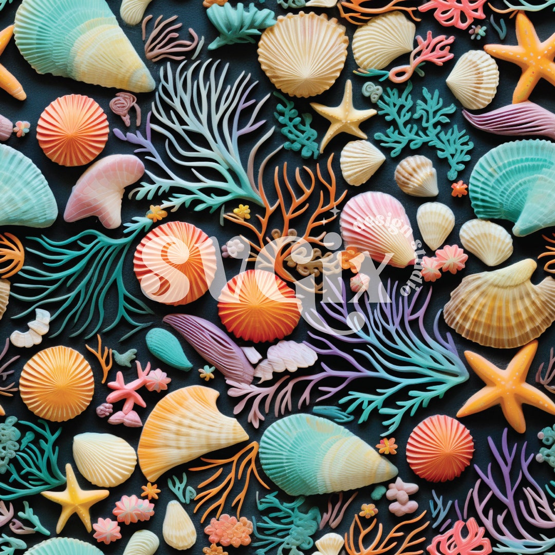 Neon Beach Seamless Shells and Seaweed Repeating Pattern Design for ...