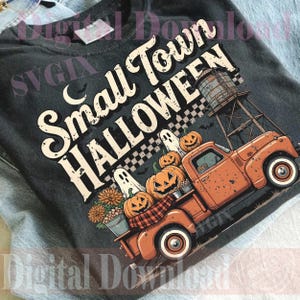 May include: A charcoal gray t-shirt featuring a graphic print with the text Small Town Halloween. The design includes an orange pickup truck, a water tower, pumpkins, ghosts, and flowers. The print has a distressed, vintage-inspired aesthetic.