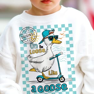 Pu&ograve; includere: Felpa bianca con una grafica blu, bianca e arancione di un'oca con occhiali da sole e un cappello, che guida uno scooter. Il testo sulla grafica recita "Original", "On the Loose", "Like a Goose".