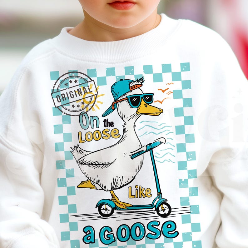 Pu&ograve; includere: Felpa bianca con una grafica blu, bianca e arancione di un'oca con occhiali da sole e un cappello, che guida uno scooter. Il testo sulla grafica recita "Original", "On the Loose", "Like a Goose".