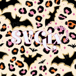 Halloween Fledermaus Leopard Nahtlos, Mädchenhafter Halloween-Druck, Niedlicher Glitzer Fledermaus Druck, Pink Orange Gruseliger Stoffdruck Digitaler Download