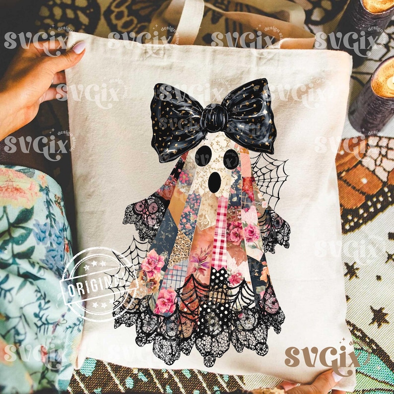 May include: A cream-colored tote bag featuring a patchwork ghost design with a black bow and lace trim. The ghost's body is composed of various floral and patterned fabrics. The design includes spiderwebs and the word "ORIGINAL" in a circular stamp.
