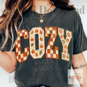 May include: A charcoal gray short-sleeve t-shirt featuring the word COZY in large block letters. The letters C and Z have a brown and cream checkered pattern, while the letters O and Y feature a cream background with orange pumpkins and leaves.