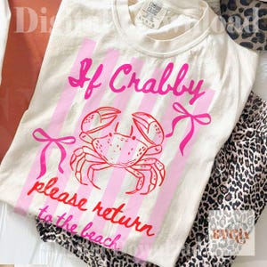 May include: Cream-colored t-shirt with a pink crab graphic and the text "If Crabby please return to the beach." The design includes pink vertical stripes and bows. The shirt is paired with leopard print pants.