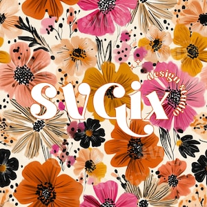 Può includere: Un motivo floreale con una varietà di fiori nei toni dell'arancione, del rosa e del giallo, con accenti neri e il testo "SVGIX design studio" in bianco. I fiori sono disposti su uno sfondo color crema.