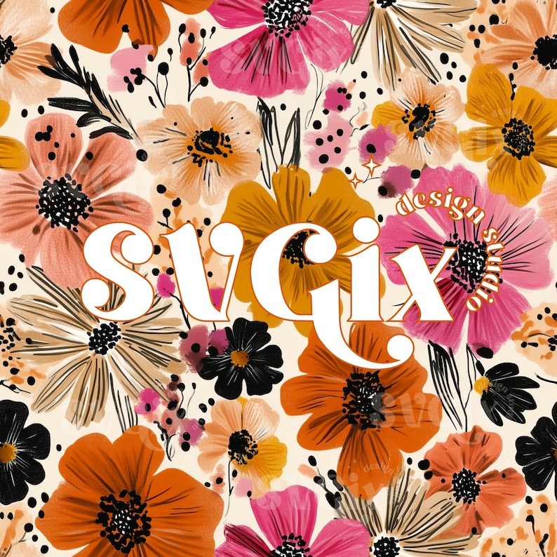 May include: A floral pattern design featuring a variety of flowers in shades of orange, pink, and yellow, with black accents and the text "SVGIX design studio" in white. The flowers are set against a cream background.