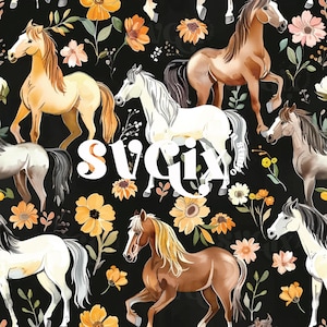 « Aquarelle florale de chevaux sans couture, motif occidental sans couture, » par SVGix