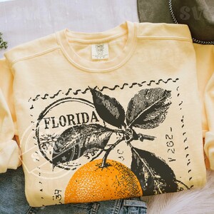 May include: A pale yellow sweatshirt with a vintage-style graphic. The graphic features an orange, leaves, and the word "FLORIDA" in a circular stamp design. The sweatshirt is made of a soft material.