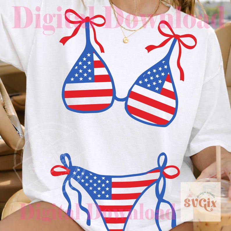May include: A white t-shirt featuring a bikini design in the style of the American flag. The bikini top and bottom are blue with white stars and red stripes, and red bows. The words "Digital Download" are in pink.