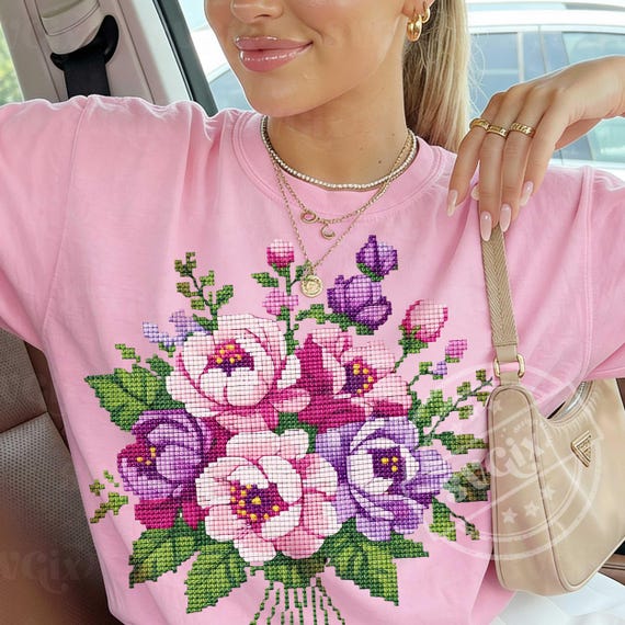 Faux Cross Stitch PNG, Flowers PNG, Spring Grandmacore png