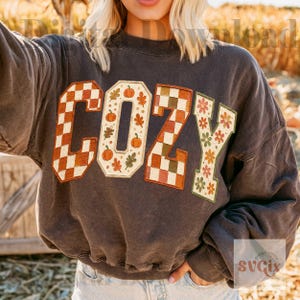 May include: A charcoal gray crewneck sweatshirt featuring the word COZY in large block letters. The letters C and Z have a brown and white checkered pattern, while the O and Y feature a cream background with orange pumpkins and flowers.