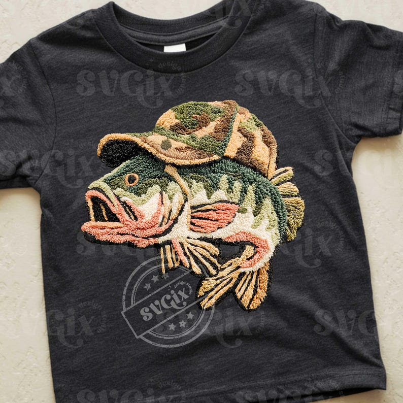 May include: Dark grey t-shirt with an embroidered design of a fish wearing a camouflage hat. The fish has green, brown, and orange details. The shirt has a round neck and short sleeves. The design includes the text "SVGix" in a circular stamp.