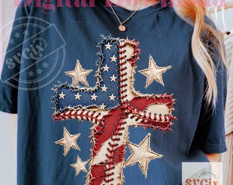 Patriotic Christian Cross PNG, American Flag Cross png, Faux Embroidery Cross png, 4th of July Jesus PNG, Rustic Faith png