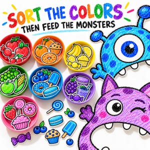 May include: A colour-sorting educational activity featuring six colourful bowls filled with matching paper cutouts of food items, alongside a blue one-eyed monster and a purple winking monster. The text reads SORT THE COLORS THEN FEED THE MONSTERS.