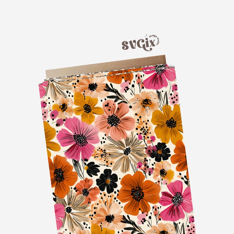 May include: A roll of fabric featuring a vibrant floral pattern. The design includes large, stylized flowers in shades of pink, orange, yellow, and black, set against a cream background. The text "svgix" is visible in the upper right corner.