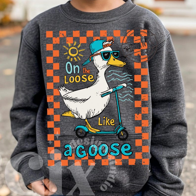 Pu&ograve; includere: Una felpa grigia con una grafica di un'oca che indossa occhiali da sole e un cappello, mentre guida uno scooter. Il testo sulla grafica dice "On the Loose Like a Goose" ed &egrave; circondato da un motivo a scacchi.