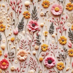 Muted Tones Boho Wildflowers Embroidery Seamless Pattern