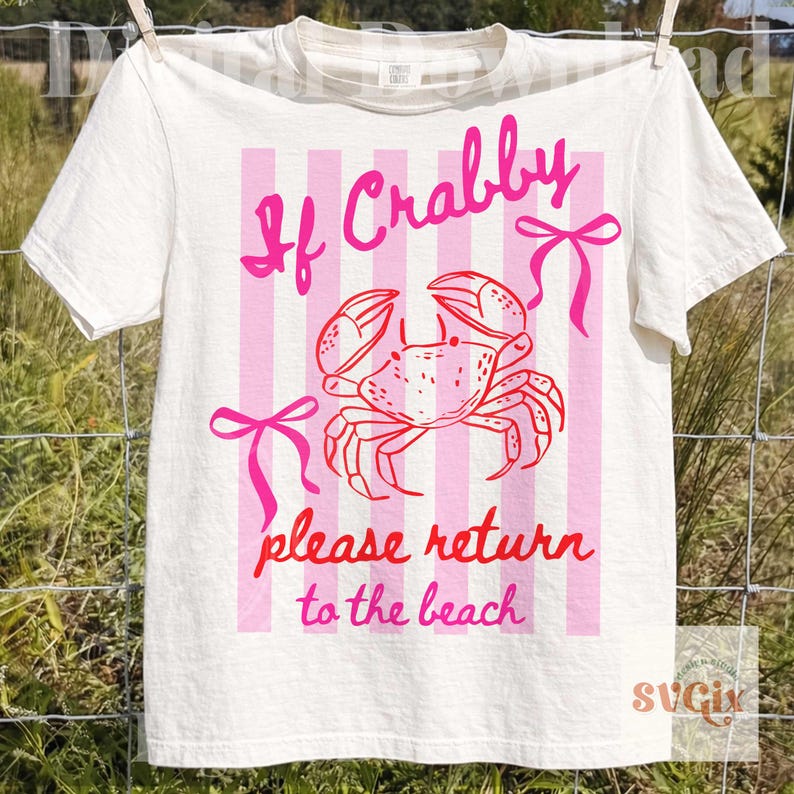 May include: White t-shirt with a pink crab graphic and the text "If Crabby please return to the beach." The design includes pink vertical stripes and bow accents. The shirt is hanging on a clothesline.