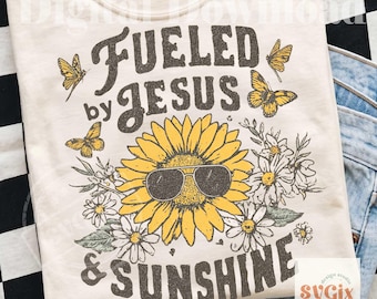 Fueled by Jesus PNG | Christian Sublimation Design | Sunflower Faith PNG for Shirt | Retro Religious Summer Clipart | Digital Download