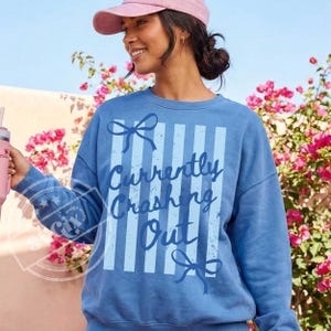 May include: A blue sweatshirt with vertical light blue stripes and the text "Currently Crashing Out" in a script font. The sweatshirt has a crew neck and long sleeves. A pink baseball cap is worn.