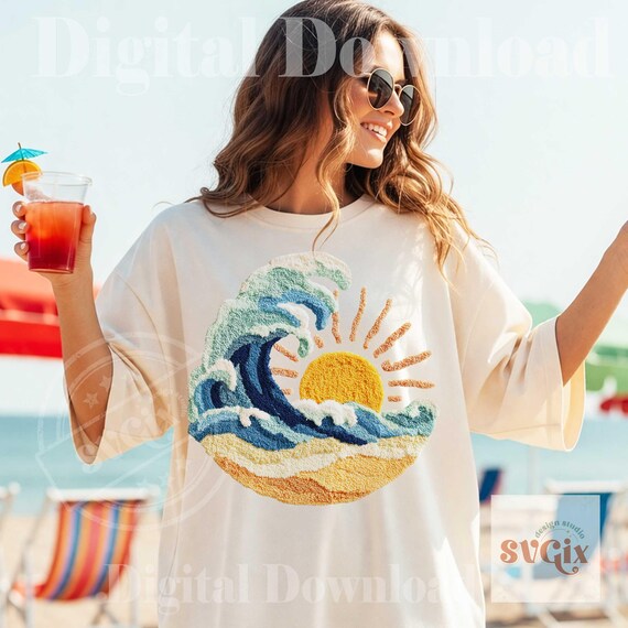 Wave Faux Chenille PNG, Summer Faux Chenille PNG, Beach Faux Latch Hook png, Vacation Faux Chenille png