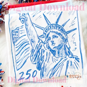 K&ouml;nnte beinhalten: Ein wei&szlig;es quadratisches Tuch mit einer blauen Skizze der Freiheitsstatue, die eine Fackel und die amerikanische Flagge h&auml;lt. Die Zahl "250" befindet sich unter der Statue. Die Worte "Digital Download" sind auf dem Stoff aufgedruckt.
