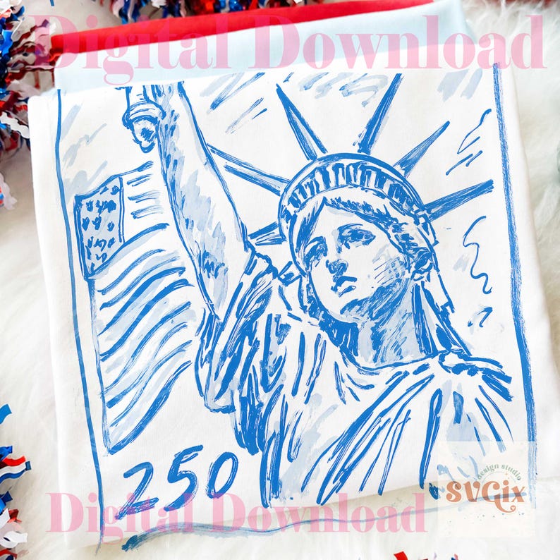 K&ouml;nnte beinhalten: Ein wei&szlig;es quadratisches Tuch mit einer blauen Skizze der Freiheitsstatue, die eine Fackel und die amerikanische Flagge h&auml;lt. Die Zahl "250" befindet sich unter der Statue. Die Worte "Digital Download" sind auf dem Stoff aufgedruckt.