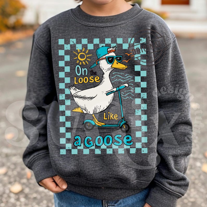Pu&ograve; includere: Una felpa grigia con una grafica di un'oca che indossa occhiali da sole e un cappello, mentre guida uno scooter. Il testo sulla grafica recita "On the Loose Like a Goose".