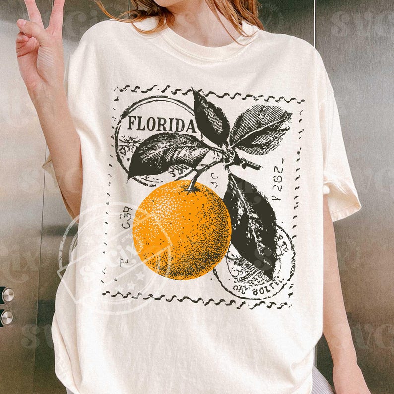 May include: Cream-coloured t-shirt with a vintage graphic of an orange and leaves, set within a postage stamp design. The word "FLORIDA" is printed at the top. The shirt has short sleeves and a relaxed fit.