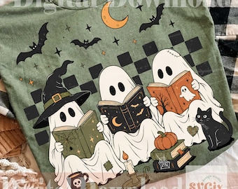 Koszulka z motywem strasznego ducha czytającego książki na Halloween w formacie PNG do pobrania w wersji cyfrowej