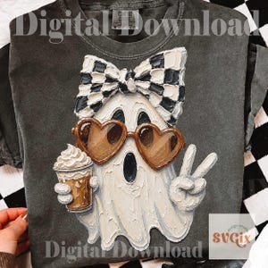 Coquette Ghost PNG, Pumpkin Spice Ghost PNG, Fall Coffee Ghost with Bow, Cute Halloween Digital Download PNG image 4