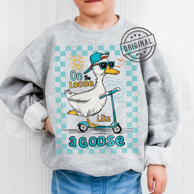 Pu&ograve; includere: Una felpa grigia con un cartone animato di un'oca che indossa occhiali da sole e guida uno scooter. L'oca indossa un cappello blu e bianco e il testo sulla felpa dice "On the Loose Like a Goose".