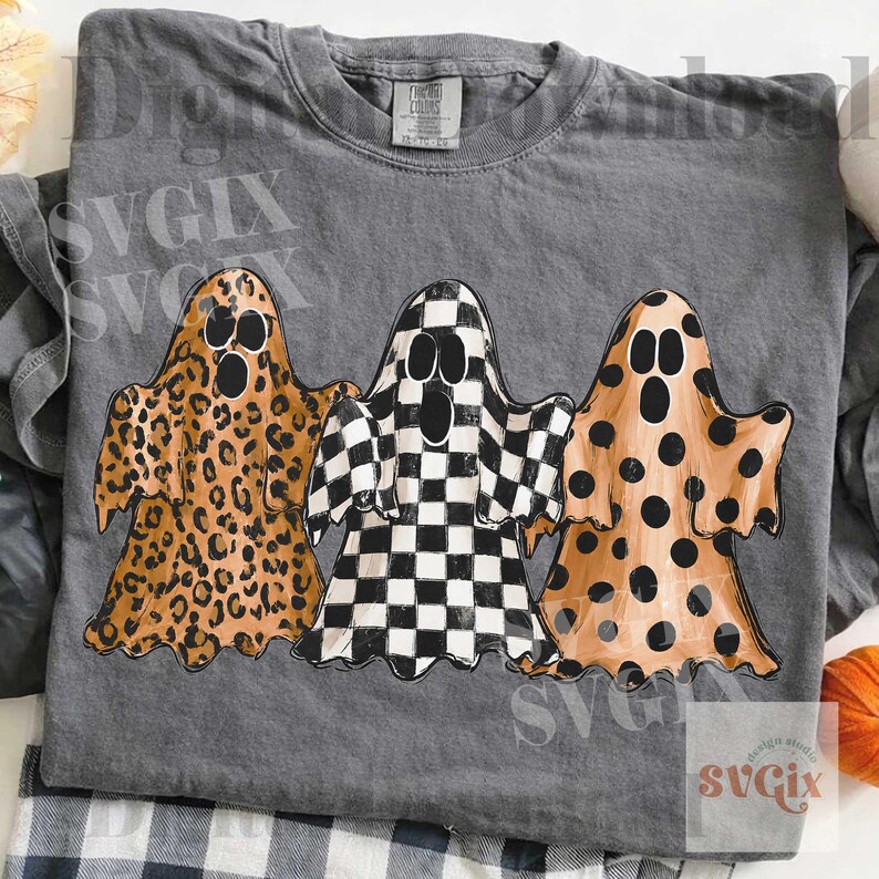 Preppy Ghosts Trio PNG, Cozy Fall PNG, Cute Halloween png, Checkered Ghost PNG, Boho Fall Digital Download image 4