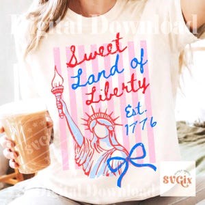 Sweet Land of Liberty PNG, Patriotic Coquette Bow Shirt Design, 4th of July USA Stripes, Est 1776 American Girl Graphic