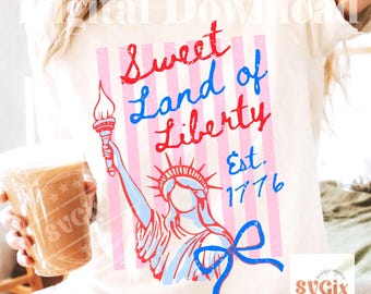 Sweet Land of Liberty PNG, Patriotic Coquette Bow Shirt Design, 4th of July USA Stripes, Est 1776 American Girl Graphic