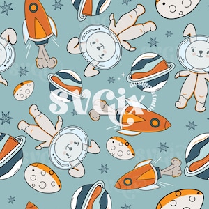 Könnte beinhalten: Ein nahtloses Muster mit hellblauem Hintergrund, weißen Sternen, orangefarbenen und weißen Raketen, weißen Monden und weißen Kaninchen, die Raumhelme tragen und im Weltraum schweben. Die Kaninchen haben braune Augen und Nasen. Die Planeten sind blau, weiß und orange.
