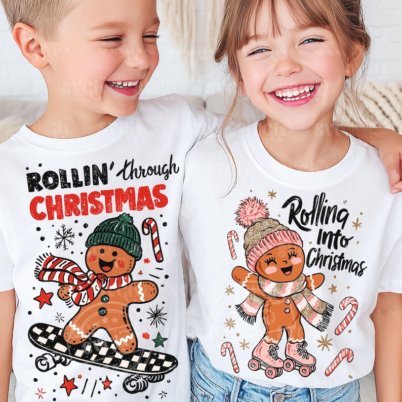 May include: Two white t-shirts with Christmas-themed graphics. One shirt says "Rollin' through Christmas" with a gingerbread man on a skateboard. The other says "Rolling into Christmas" with a gingerbread man on roller skates.