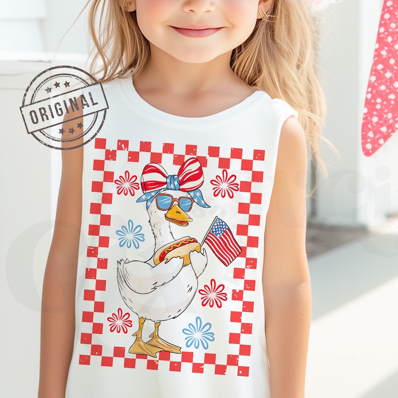 May include: A white sleeveless shirt with a red, white, and blue checkered background. A cartoon goose wearing sunglasses and a red, white, and blue bow is holding a hot dog and an American flag.