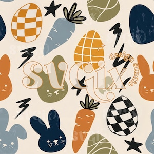 Può includere: Motivo a tema pasquale con uova, carote, coniglietti e stelle in arancione, blu, nero e verde su sfondo crema. Il design include un font retrò che dice "SV GiX" e "design studio".