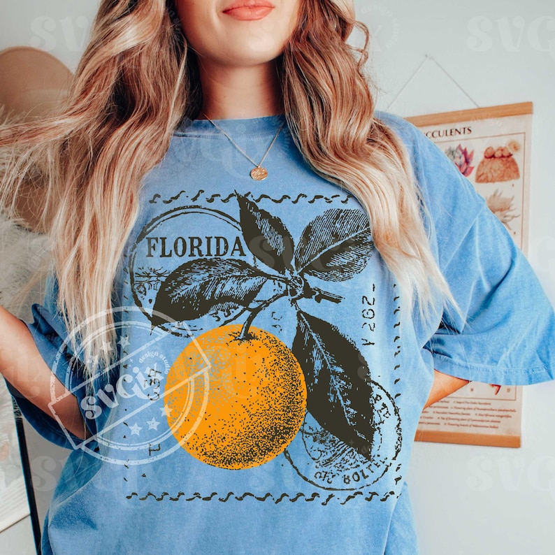 May include: A light blue t-shirt with a vintage-style graphic of an orange and leaves, and the word "FLORIDA" in a circular stamp design. The shirt has a relaxed fit and short sleeves.