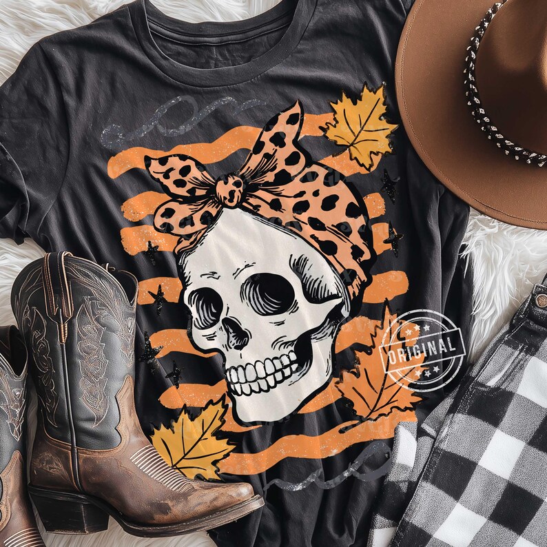 PNG de calavera con lazo de otoño, PNG de mamá de otoño, PNG de calavera de Halloween, PNG de Halloween retro, PNG de Halloween preppy, PNG de otoño occidental, PNG espeluznante y lindo imagen 4