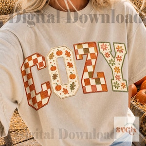 Cozy Fall PNG, Retro Autumn PNG, Pumpkin Checkerboard Floral Fall Shirt Design, Trendy Cozy Season PNG (Digital Download) image 12