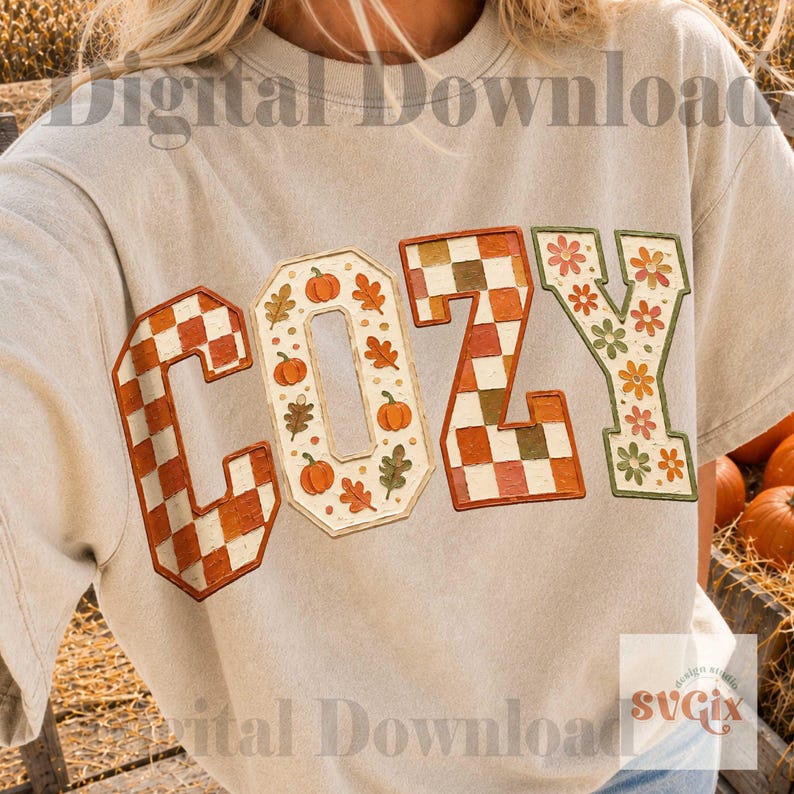 Cozy Fall PNG, Retro Autumn PNG, Pumpkin Checkerboard Floral Fall Shirt Design, Trendy Cozy Season PNG (Digital Download) image 12