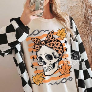 PNG de calavera con lazo de otoño, PNG de mamá de otoño, PNG de calavera de Halloween, PNG de Halloween retro, PNG de Halloween preppy, PNG de otoño occidental, PNG espeluznante y lindo imagen 8