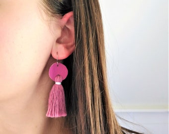 Tassel Earrings || Cotton and Leather || Handmade Boho Dangle Earrings || Gift