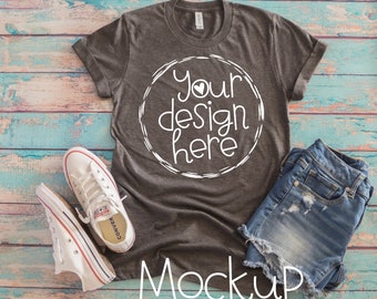 Download Free T-shirt mockup, Bella Canvas T-shirt mockup, Ladies shirt mock up, Ladies gray T-shirt mock up, flat lay gray t shirt mockup design PSD Template