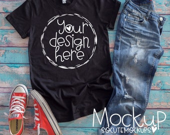 Black Shirt mockup, Ladies bella canvas t shirt mock up, Black T-shirt mock up, girls mockup, black flat lay shirt mockup design