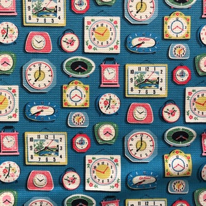 Cath Kidston, Relógios Azul, Tecido Piquê 100% Algodão