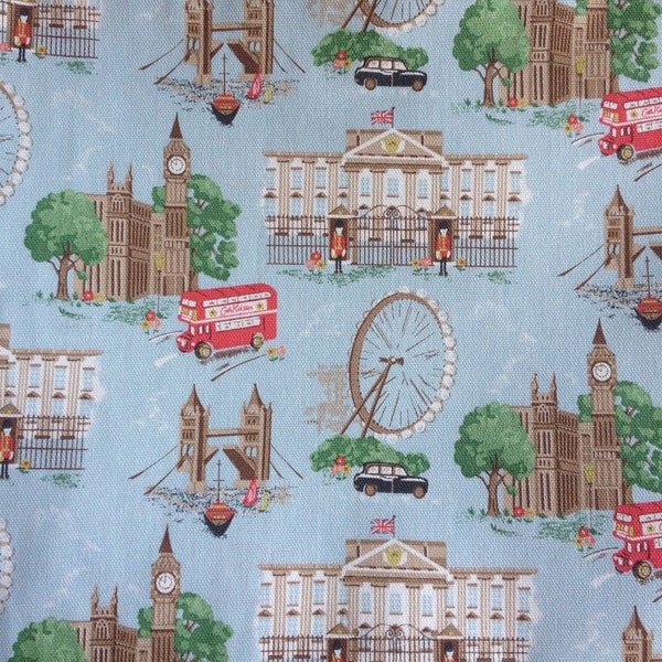 Cath Kidston, scène de Londres bleu clair, tissu 100 % coton canard au mètre